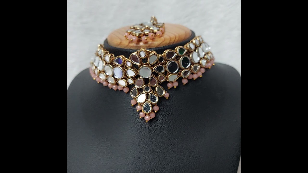 Traditional Mirror Choker Necklace Set in Peach JIA910