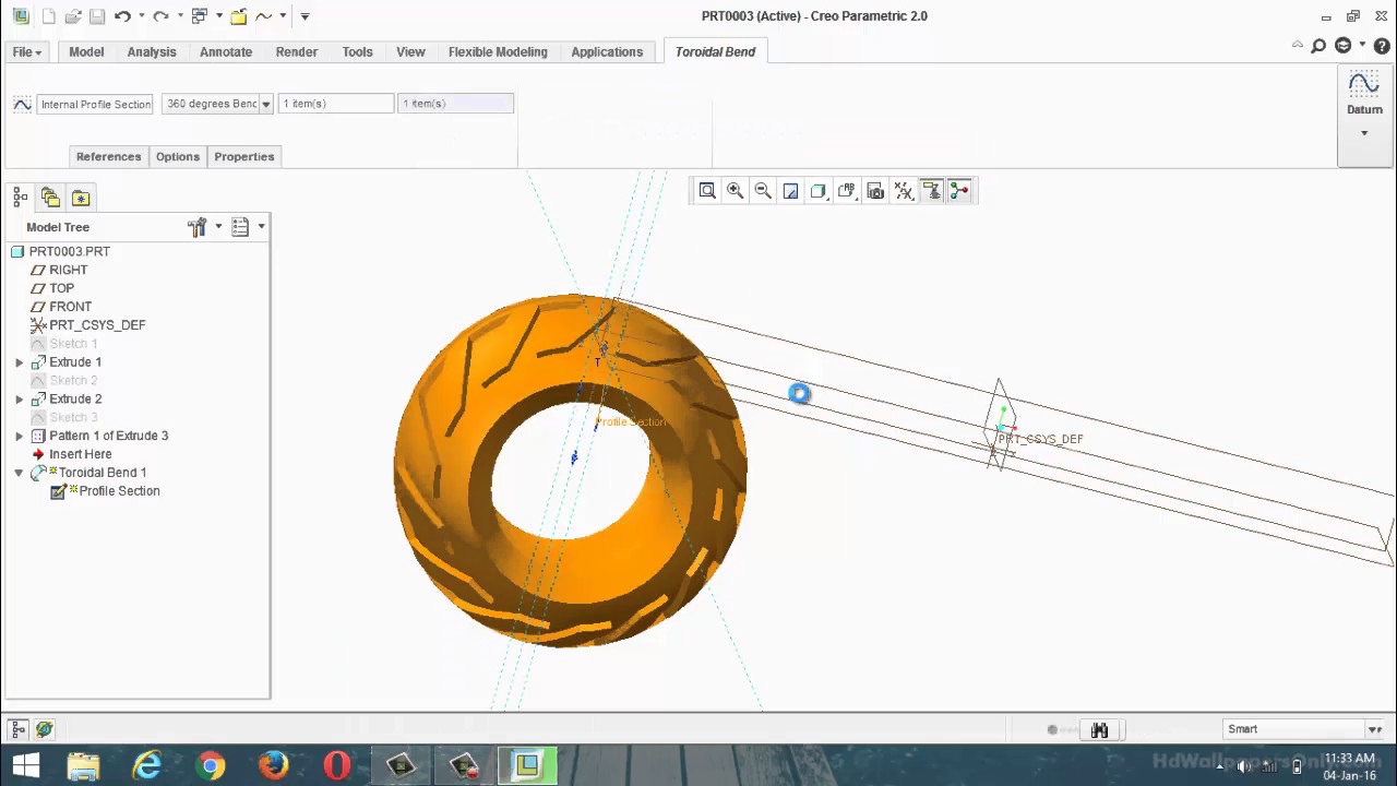 creo(pro-E) part designing toroidal bend,spinalbend tutorials  class 11