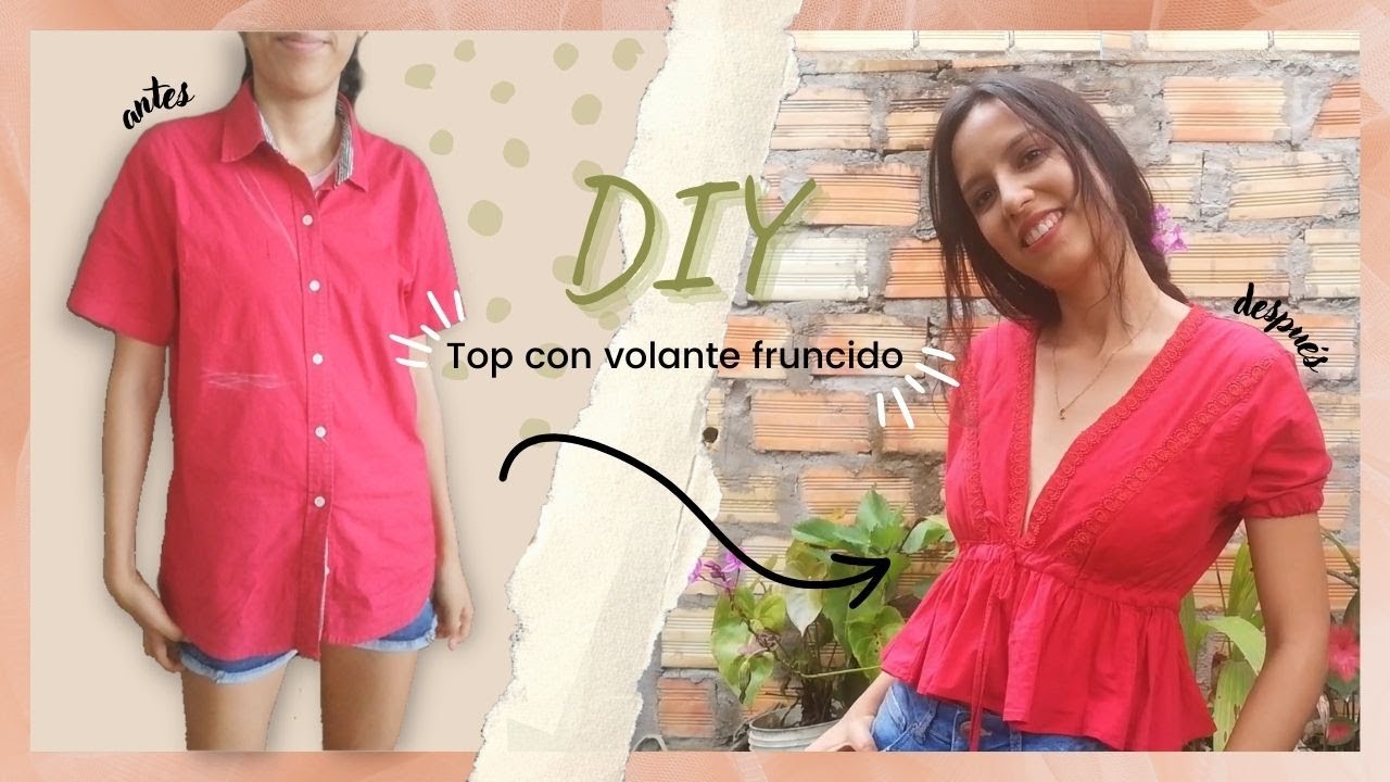 Transformar una camisa en blusa con volantes | COMO HACER TOP CON VOLANTE FRUNCIDO