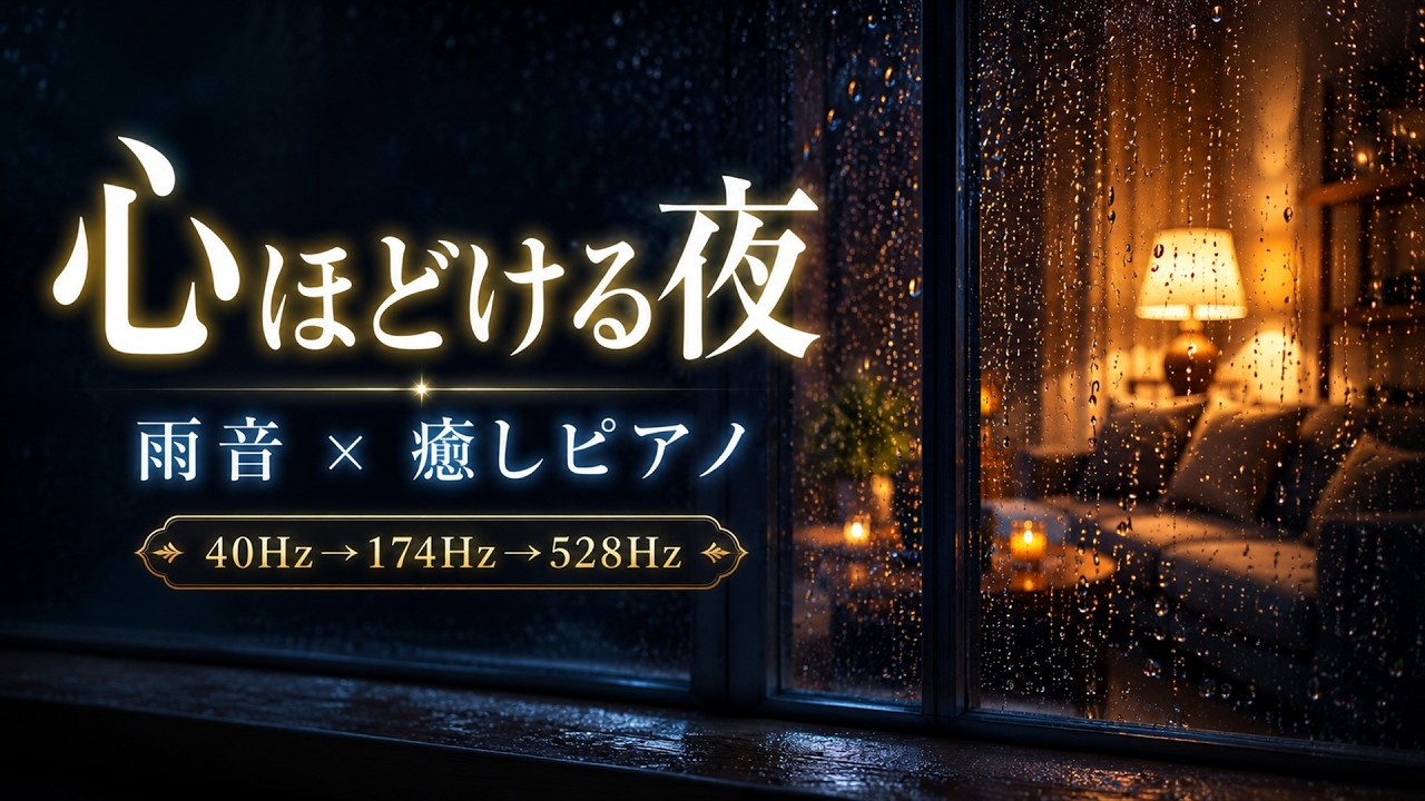 【自律神経にやさしいBGM】雨音と癒しピアノ|40Hz→174Hz→528Hzの音設計|脳の疲れをリセットし心身をゆっくり休める3時間