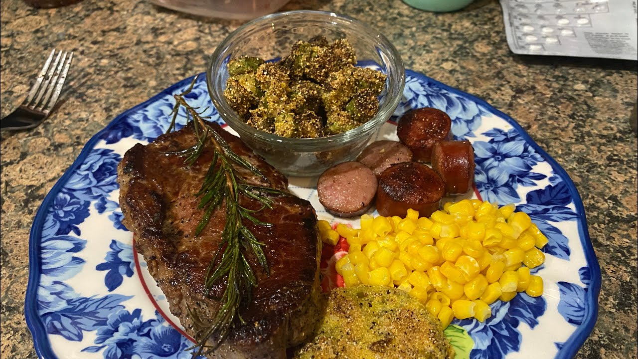 Fried Okra on a Blackstone Griddle with Ribeye Steak Blackstone