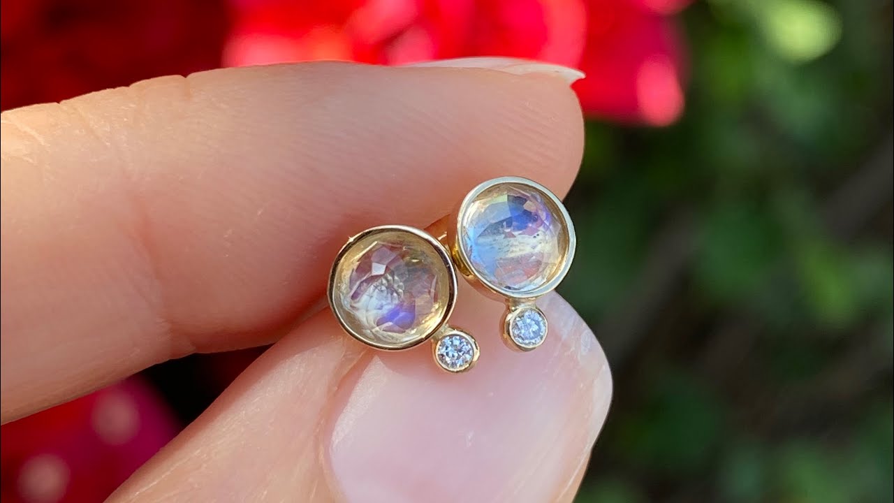 Moonbeam Moonstone Diamond Studs by NIXIN Jewelry