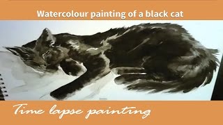 Watercolour painting of a sleeping black cat