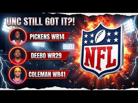 Advertisement, Scoreboard, Poster. Text: UNC STILL GOT IT?! PICKENS WR14 DEEBO WR29 NFL COLEMAN WR41