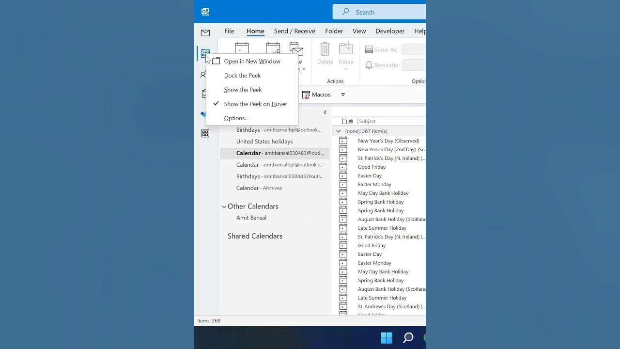 How to Open Calendar to a Separate Window in Outlook? short YouTube