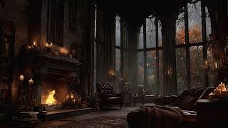 Autumn Stormy Castle Night I Heavy Rain Thunder Warm Fireplace Ambience for Deep Sleep