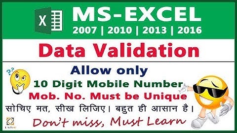 Data Validation in Excel ( Allow only 10 Digit Mobile Number  )  -  Lesson 115