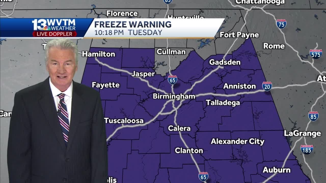 Freeze Warning overnight; cold, rainy Thanksgiving Day in central Alabama