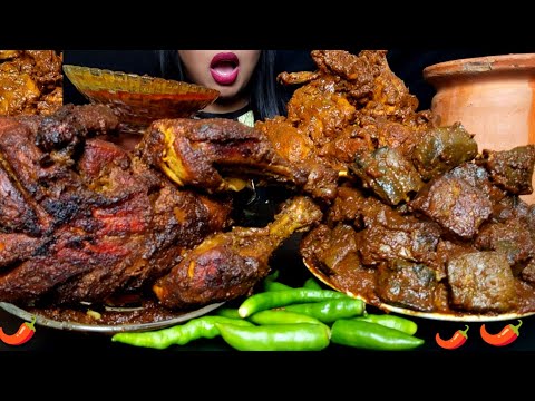 ASMR:EATING HUGE MEAL|SPICY WHOLE CHICKEN GRILL,MUTTON LIVER CURRY,CHICKEN BHUNA,RICE,DOI#hungrygirl