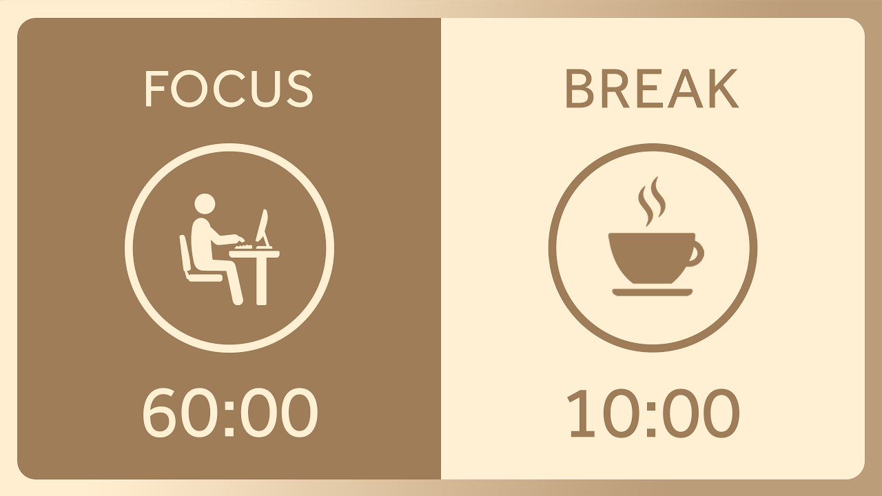60/10 Pomodoro Timer 2h with Brown Noise | Study with Me, Focus ...