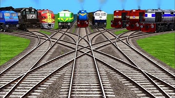 Nine Trains Crossing by curved Branched Railraod Crossing Track Trains Crossing 