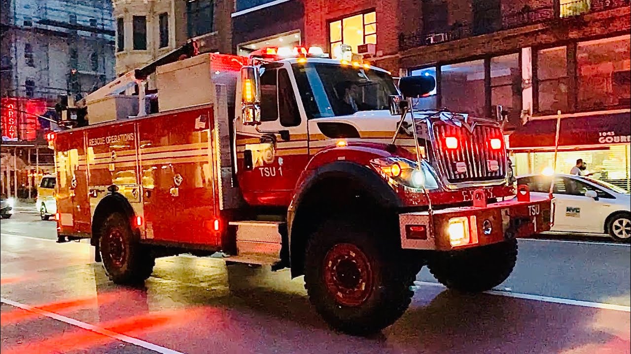 FDNY LADDER 16, FDNY SOC COMPRESSOR & FDNY TSU 1 TAKING UP FROM CALL ON LEXINGTON AVENUE, MANHATTAN.