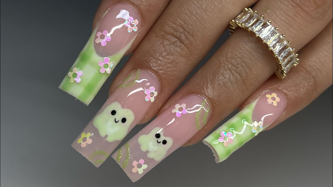 Cute Pastel Green Nails  | Gel X Dupe Nails | Gingham Inspired French tips