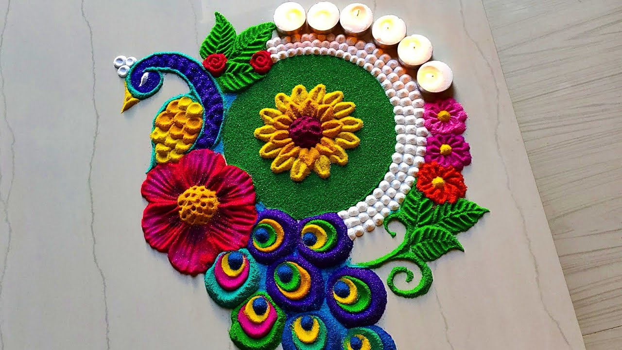 1185 Peacock rangoli designs for diwali || satisfying video || Sand art - YouTube