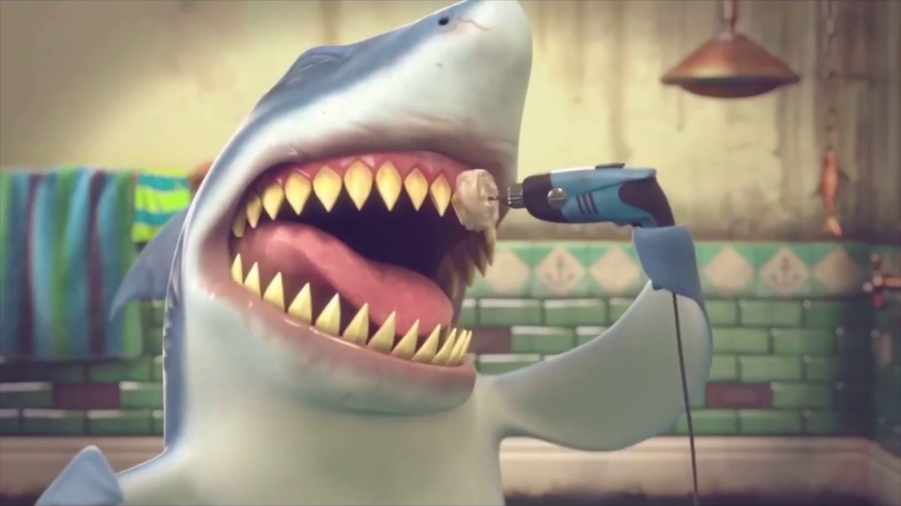 Funny shark brushes teeth-hungry shark