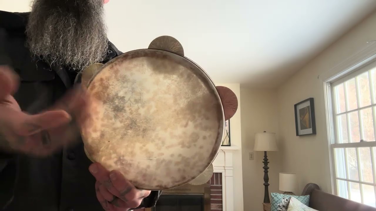 Handmade Tambourine/“light” riq . 8mm brass & copper; .25mm non-tunable goatskin; White Oak & Cherry