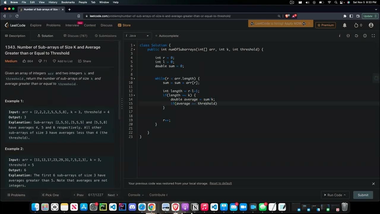 1343. Number of Sub-arrays of Size K and Average Greater than or Equal ...