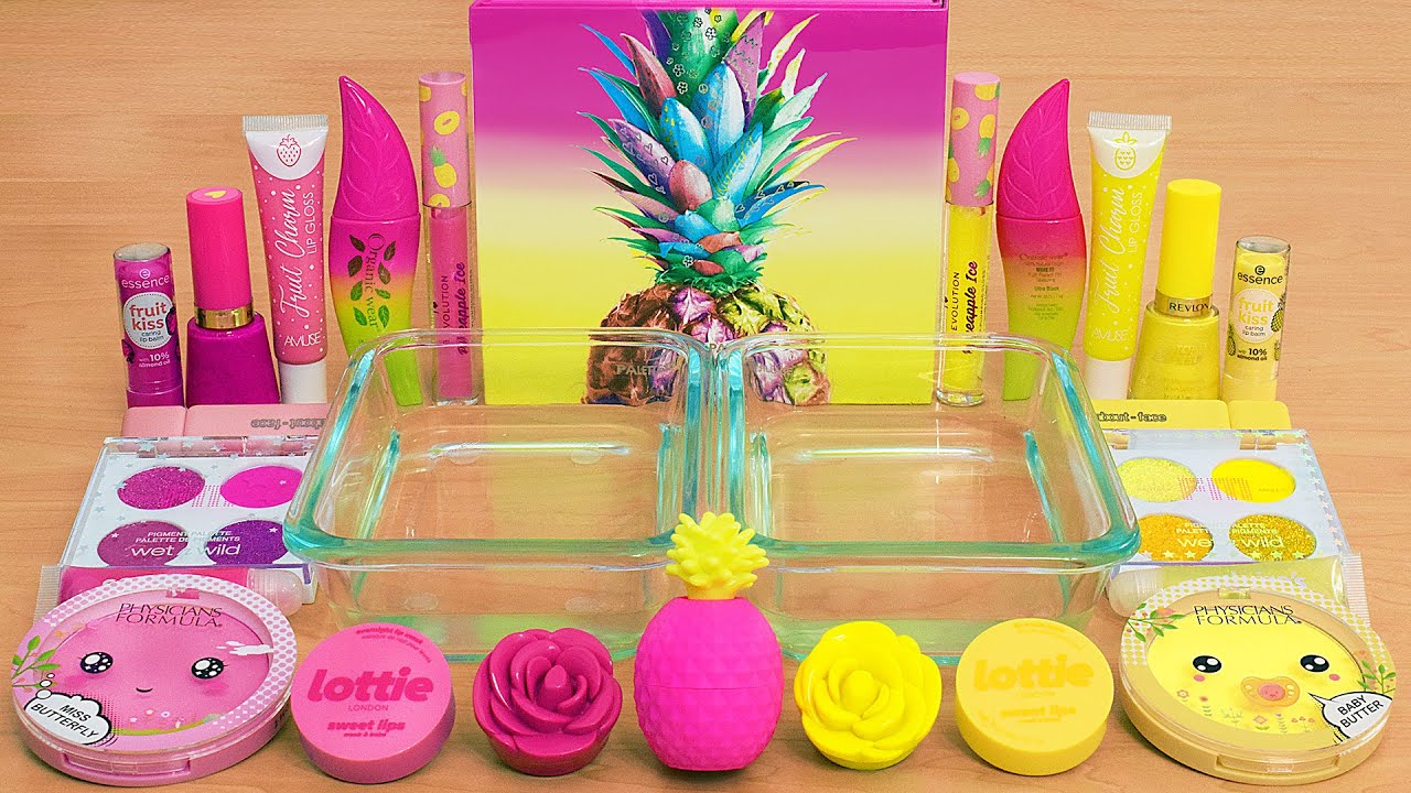 Pink vs Pineapple - Mixing Makeup Eyeshadow Into Slime ASMR