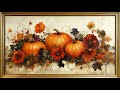 Autumn Halloween Pumpkins and flowers Painting | Gold Frame | TV Art Screensaver | TV Wallpaper Art