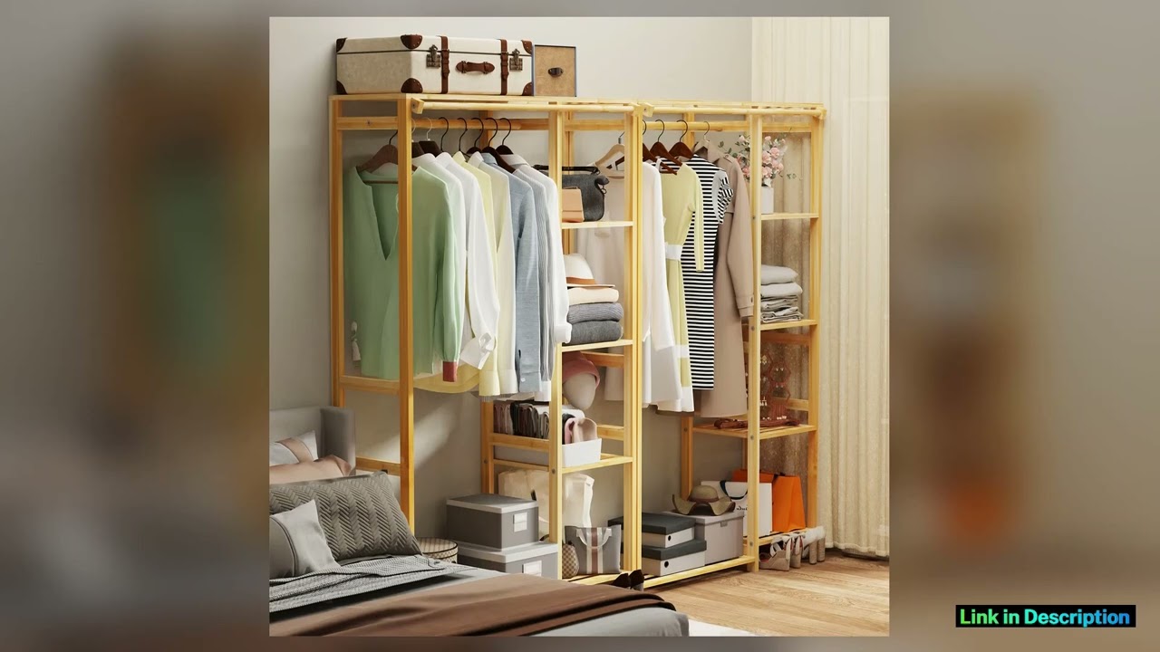 6 Tier Bamboo Garment Rack Open Wardrobe Closet Stand Storage Shelves with Hanging Cover Clothing