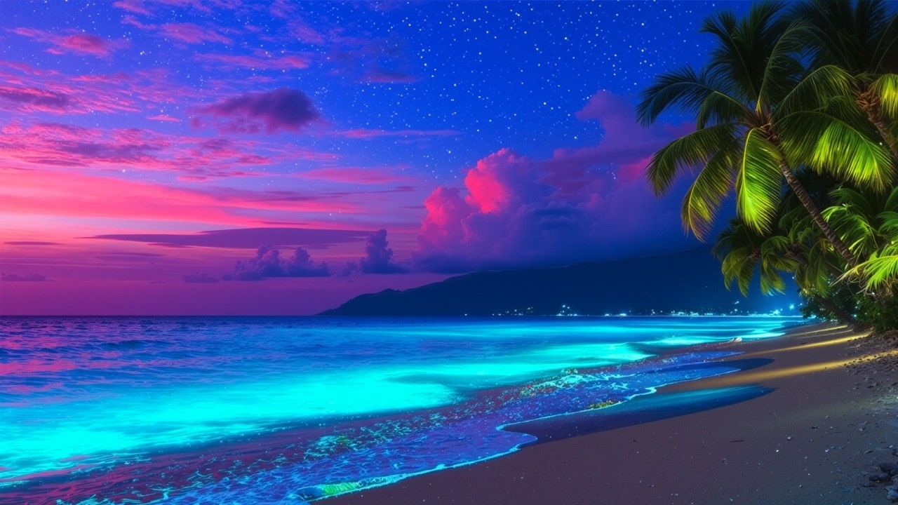 Bioluminescent Beach Lounge | Peaceful Night Ocean Music 2025