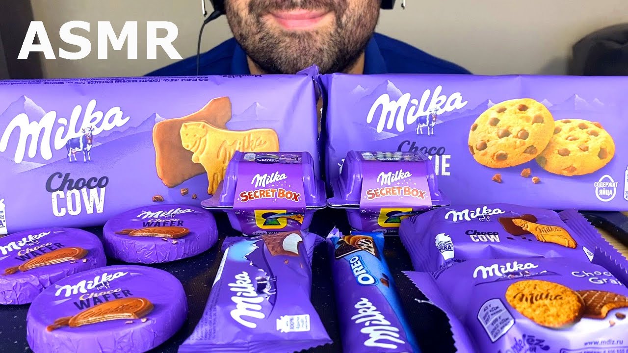 ASMR MILKA CHOCOLATE SECRET BOX, WAFER, CHOCO COOKIE, SNACK, MILKA OREO BAR MUKBANG (EATING SOUNDS)