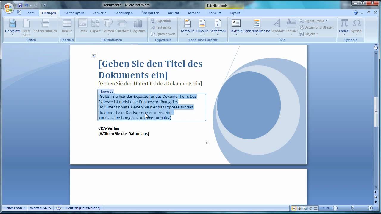 Word 2007 Deckblatt Einfugen Youtube