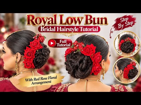 Royal Low Bridal Bun Tutorial 🌹 | Step-by-Step Red Rose Bridal Hairstyle