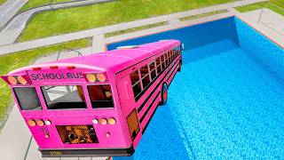 Insane BeamNG Drive Crash Test – School Bus Down In Swimming Pools With Realistic Physics