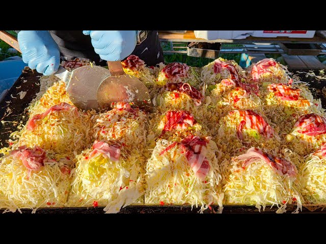 japanese street food - hiroshima style okonomiyaki  広島風お好み焼き