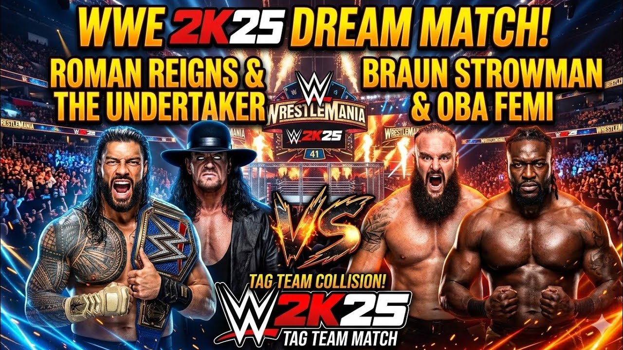 WWE 2K25 Roman Reigns & Undertaker Vs Braun Strowman & Oba Femi Match 