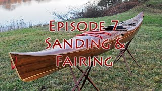 In this episode I scrape, sand and fair the cedar strips, preparing the kayak for fiberglass. Plans to build your own Petrel Play are 