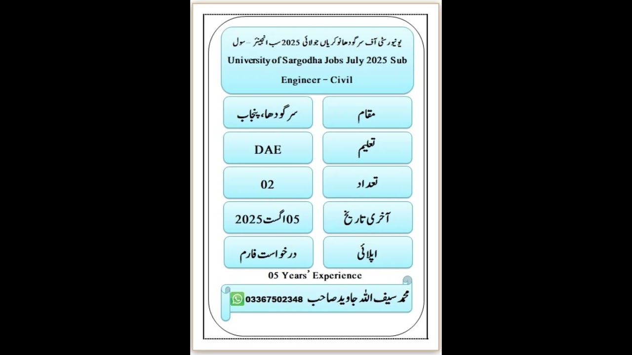 University of Sargodha Jobs July 2025 Sub Engineer Civil | Copyright Free | jobs & study information