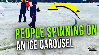Few People Spinning on a Stunning Ice Carousel, That Was Created With a Chainsaw, in a Frozen Lake