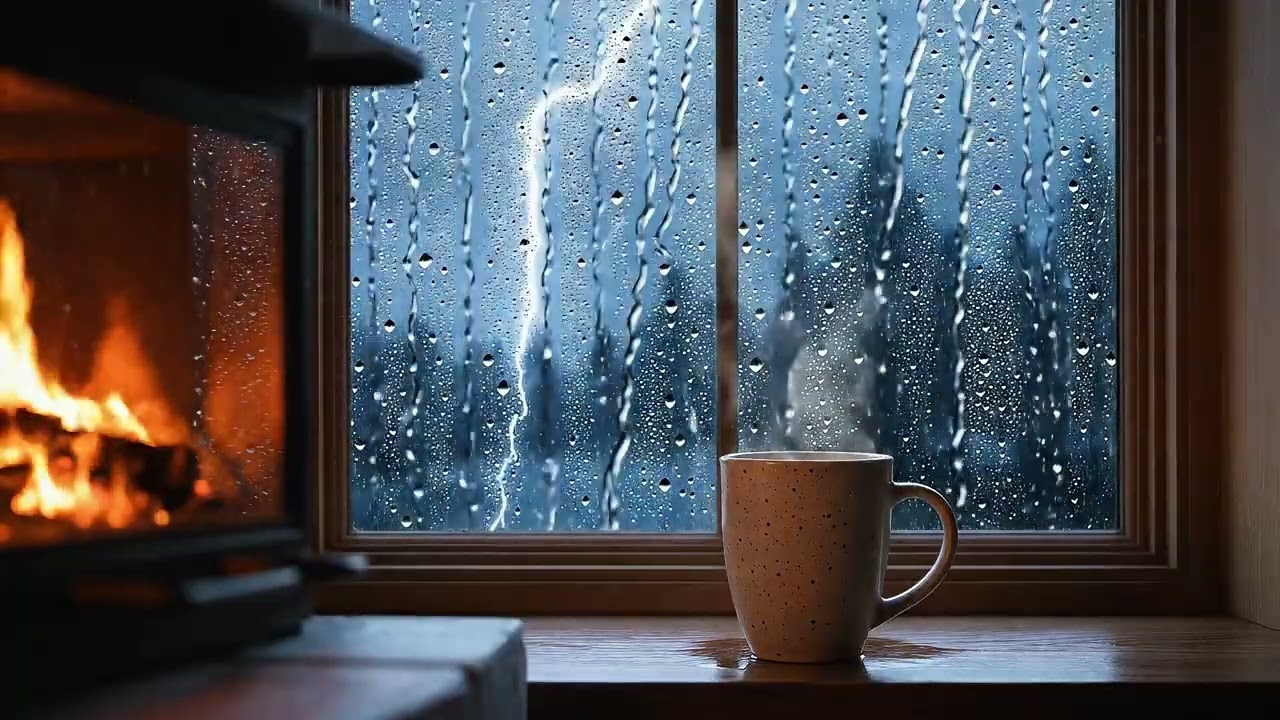 Rain on Window & Crackling Fireplace | Thunderstorm Sleep Sounds