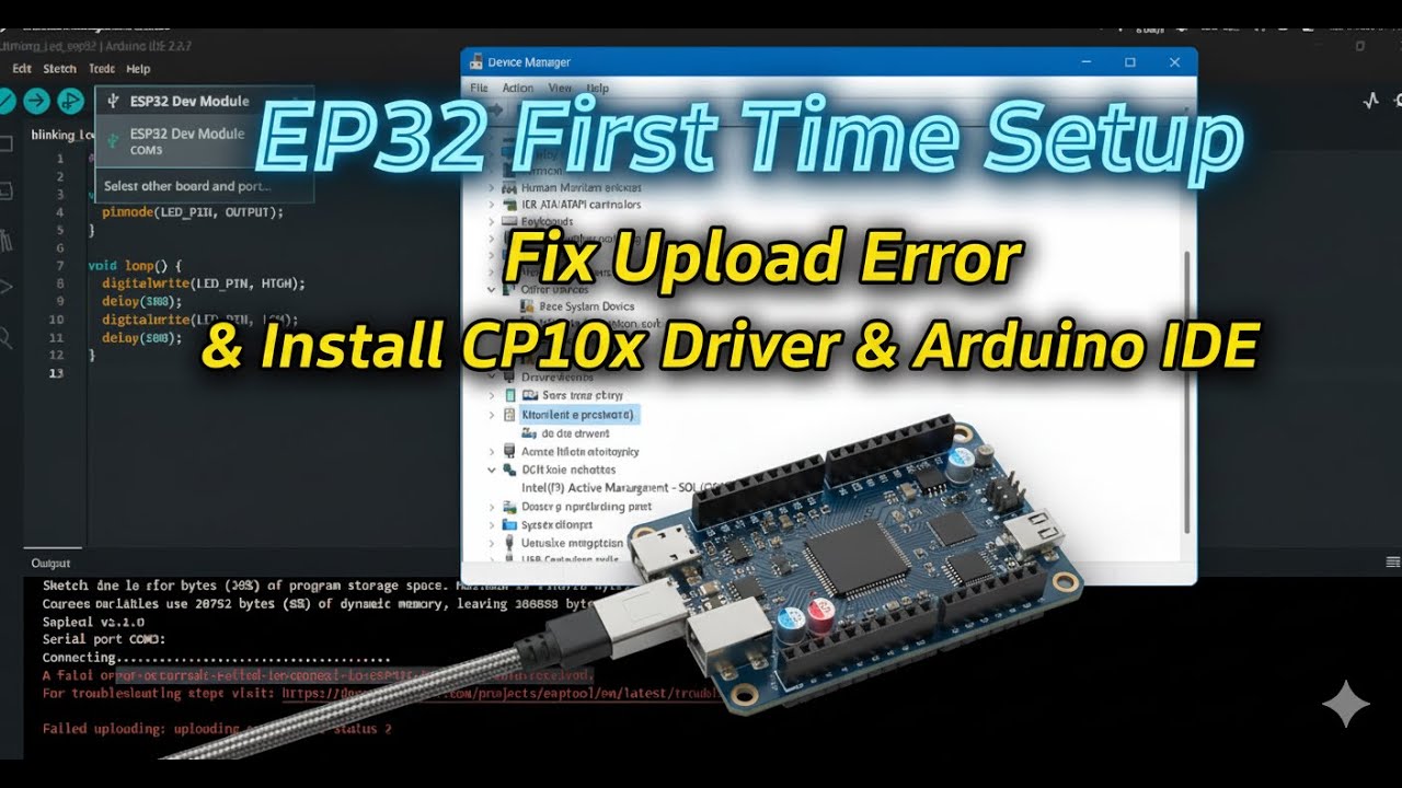 ESP32 First Time Setup | Fix Upload Error | Install CP210x Driver & Arduino IDE fatal error occurred