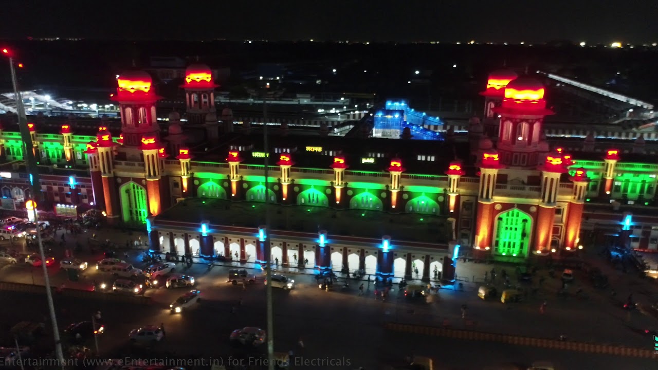 Illuminated Charbagh Railway Station Lucknow Aerial Shoot 4K Quality Illuminated Charbagh Railway Station Lucknow Aerial Shoot 4K Quality