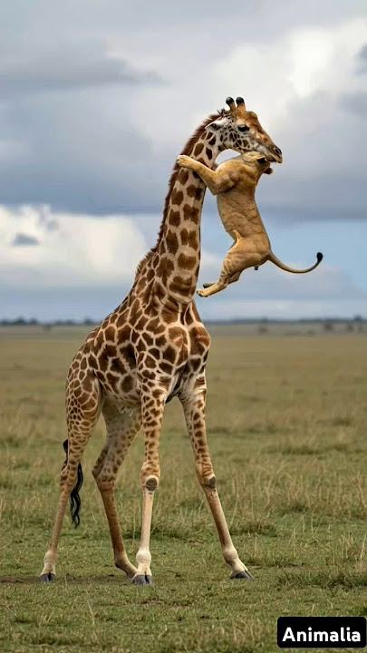 Giraffe cracking the lion head bones