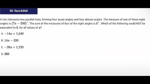 A line intersects two parallel lines, forming four acute angles and four obtuse angles. The measure