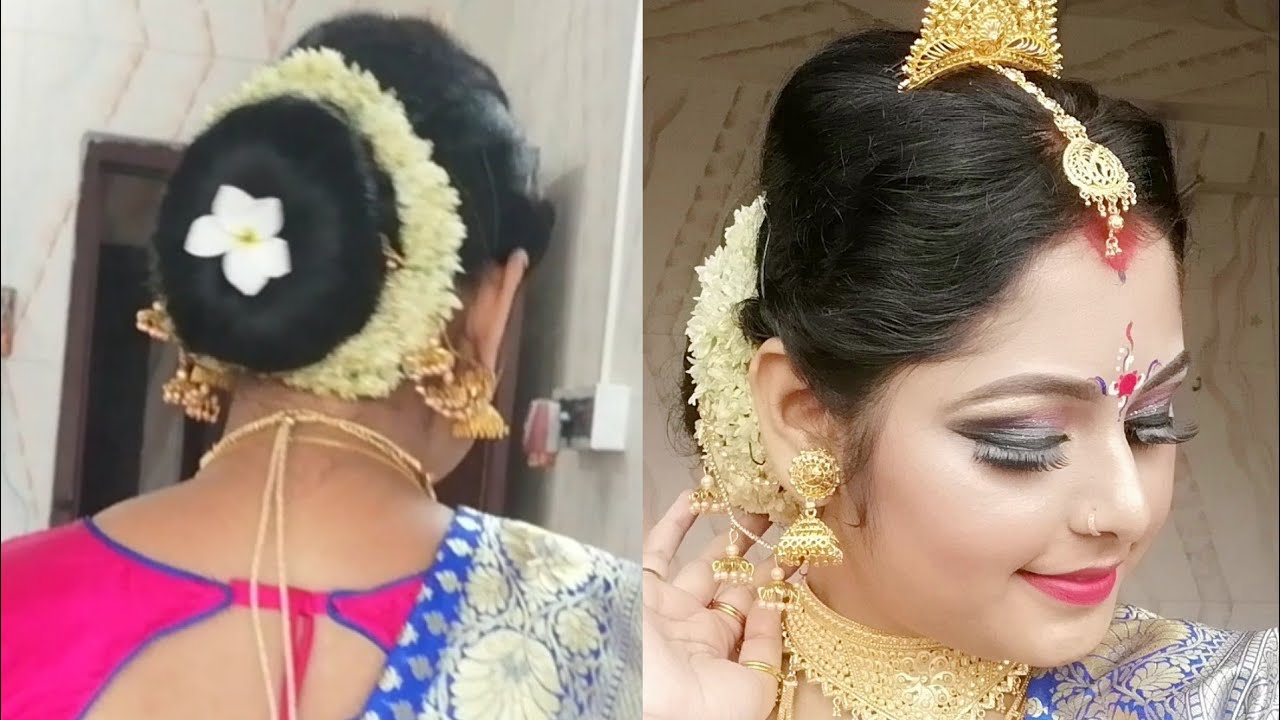 Bengali Saree Look For Pooja || Bengali Makeup and Hairstyle Ideas 2023  #पारंपरिकलुक - YouTube