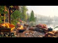 Cozy lake house porch at sunset ambience with crickets campfire and evening relaxing sounds