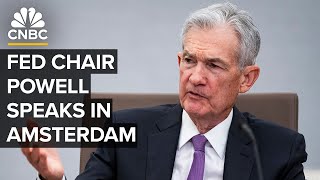 Fed Chair Jerome Powell speaks to the Foreign Bankers