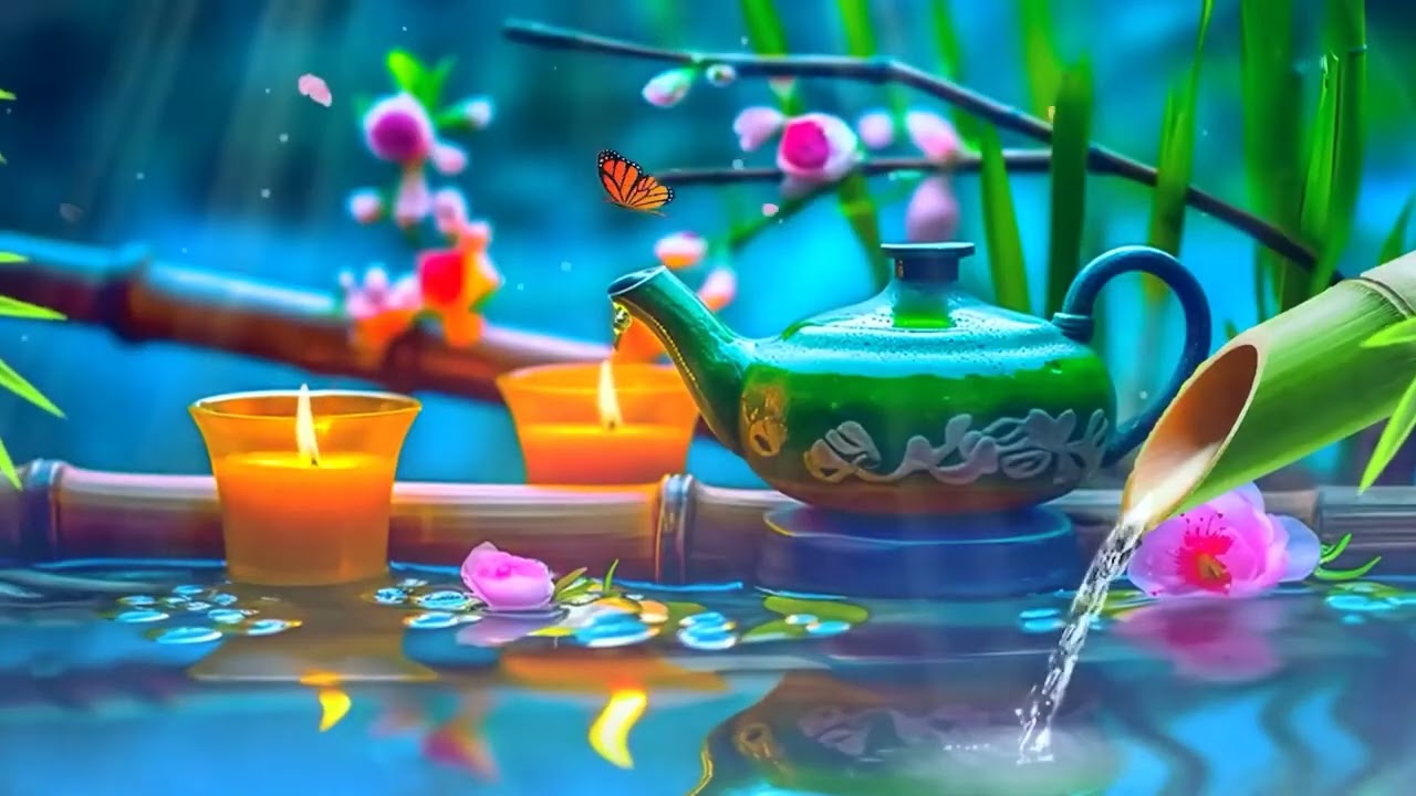 Relaxing Piano Music with Nature View, Deep Sleeping Music   Meditation Music,Water Fountain, Bamboo