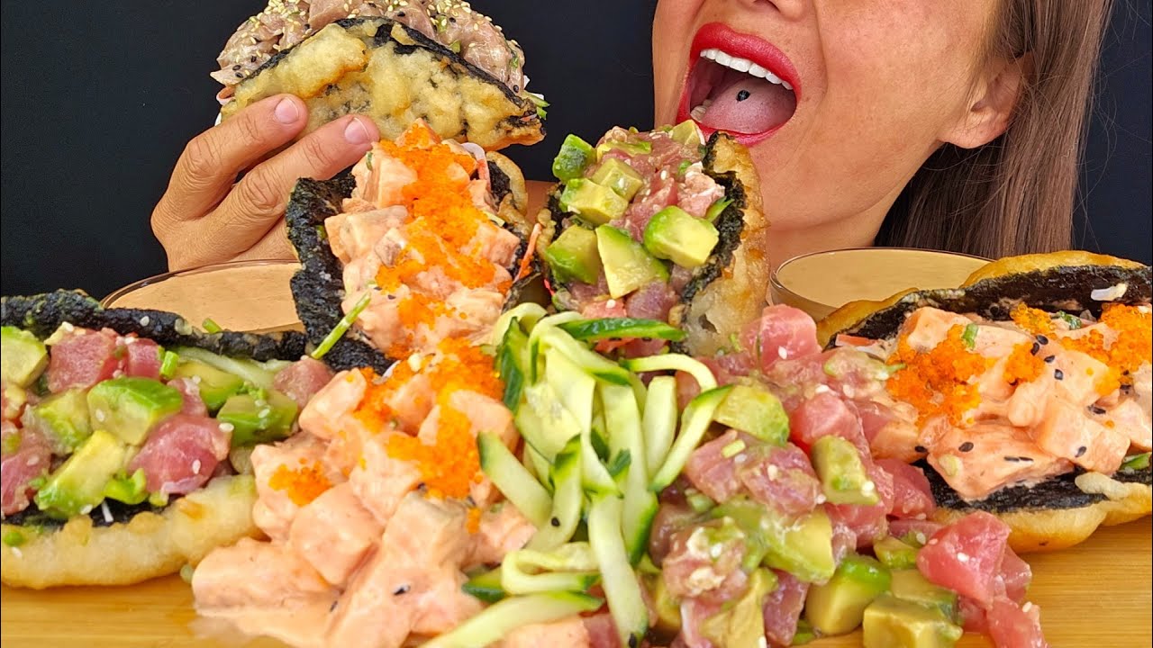SUSHI TACOS!  ASMR MUKBANG OMAD MESSY EATING NOISES BIG BITES NO TALKING SEAFOOD RAW