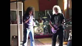 Brian May visits Gwilym Lee at the scene of the recording studio of RockField Farm - BoheRhap Movie