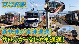 【JR西日本】2020/12/05 東姫路駅 真横を新幹線が通過！ 新快速が高速通過！サロンカーなにわも走る！