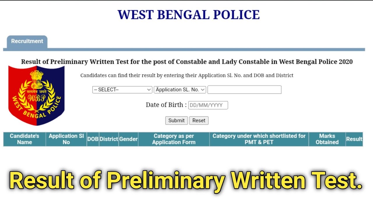 WB Police Result of Preliminary Written Test.