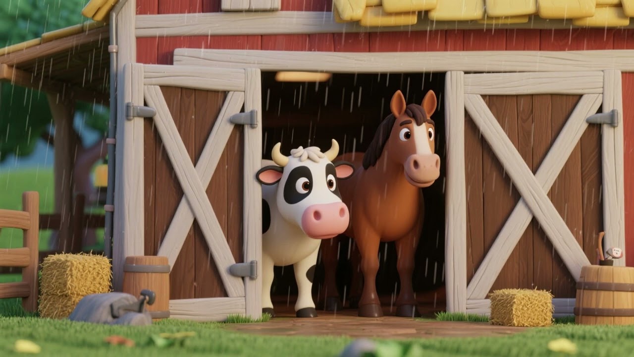 Cow & Horse Hide in the Barn Rain | Nursery Rhymes & Kids Songs | Farm Weather Fun
