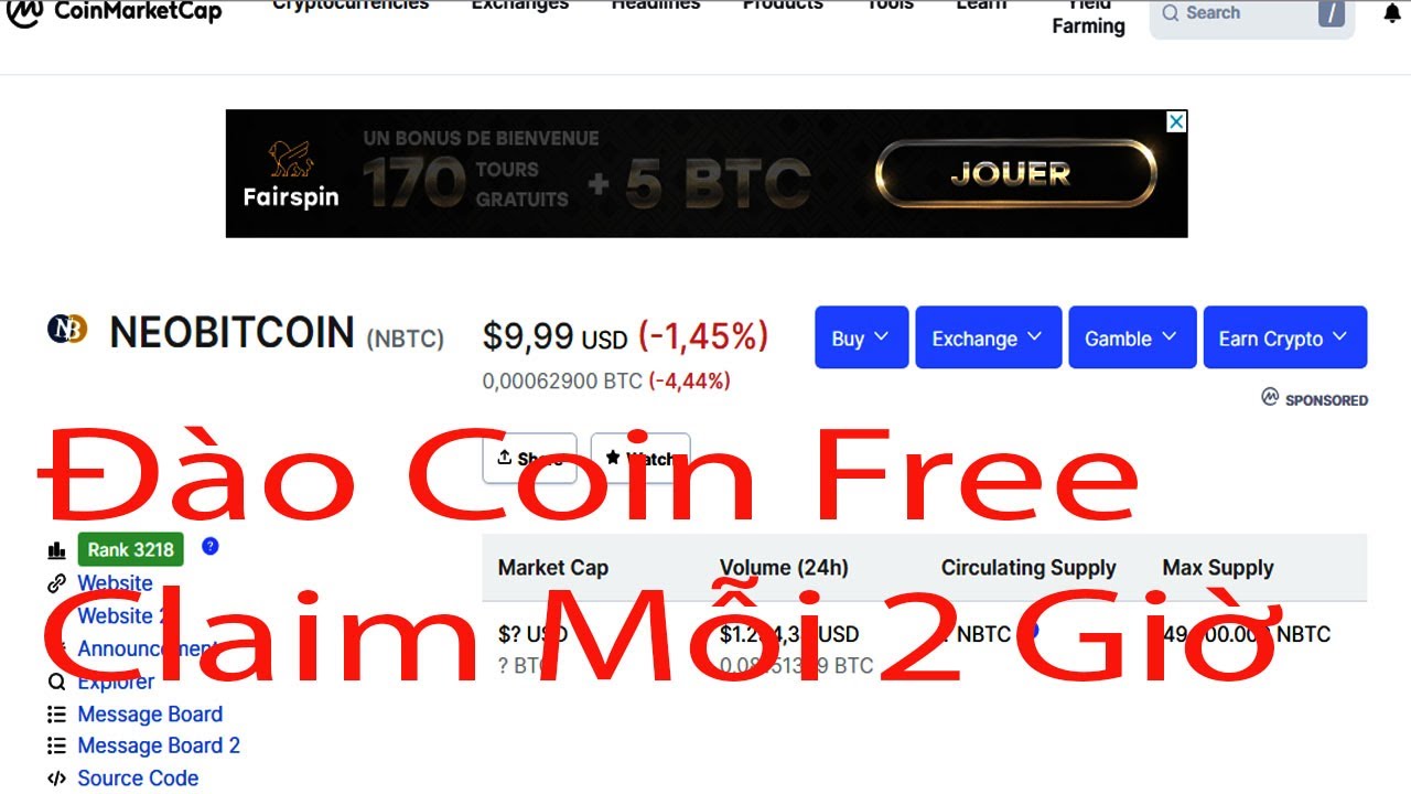Đào Coin Free NEOBITCOIN Đã List Sàn Coinmarketcap Gía Đang Rất Cao