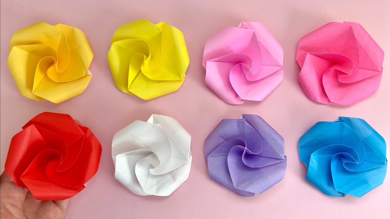 折り紙1枚】とっても簡単！バラ 折り方 ハサミのり不要！ Origami Rose 